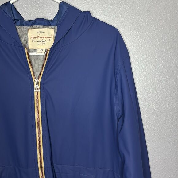 Weatherproof Navy Blue Hooded Kangaroo Pouch Pockets Rain Jacket Size Large - Picture 3 of 10